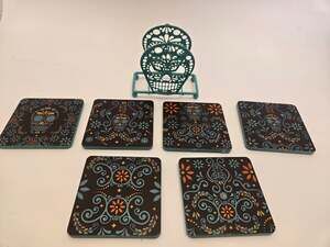 Halloween Sugar Skull Coasters Set of 4 With Holder Colorful Skull Decor